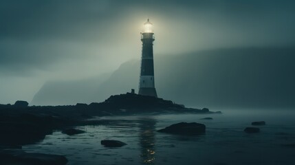 Glowing lighthouse in a foggy sea. Generative AI