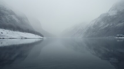 Sea winter fjord in thick fog. Generative AI