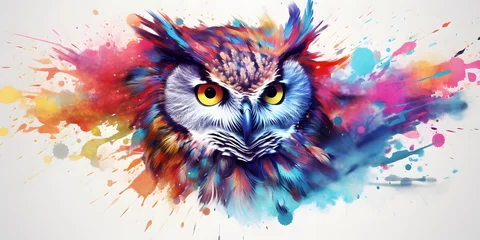 Fotobehang Watercolor owl close up with color splashes on white background © Ziyan Yang