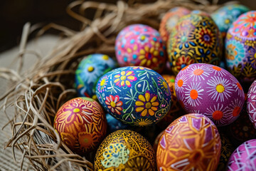 Fototapeta na wymiar Colorful handrawd easter eggs in a nest