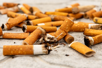 Cigarettes, matches and cigarette butts are scattered on the asphalt and road. Smoking is harmful to human health.