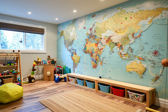 A playroom with a large, colorful world map on the wall