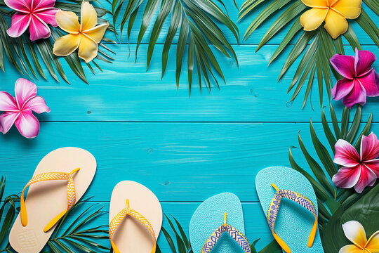 Flip flops on turquoise wooden background surrounded by tropical palm leaves and Hawaiian flowers. Design with space to place text.
