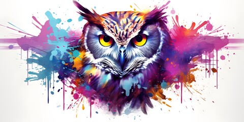 Watercolor owl close up with color splashes on white background