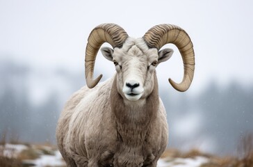 Obraz na płótnie Canvas Majestic Ram With Impressive Horns Grazing in Open Field