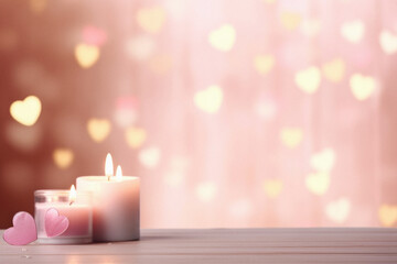 Burning candles and hearts on wooden table against bokeh background.