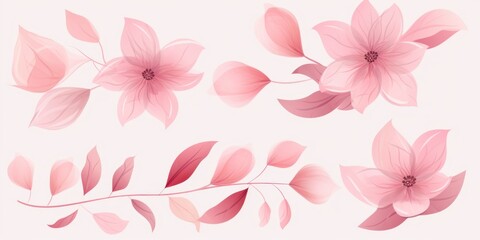 Pink pastel template of flower designs with leaves and petals 