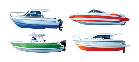 Set of speedboat or motorboat vector illustration isolated on white background - obrazy, fototapety, plakaty
