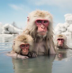 Group of Monkeys Swimming in Body of Water