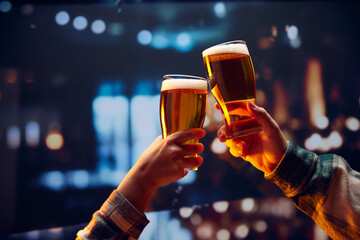 Hands holding big mug of lager light foamy beer and clinking. two people sitting in bar and drinking alcohol drinks. Concept of Oktoberfest, party, celebration, taste, national traditions.