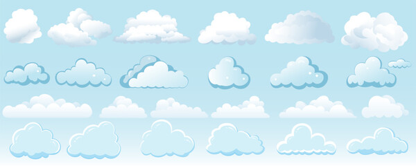Set of cartoon clouds in flat design. Collection of different clouds with gradients for design.
