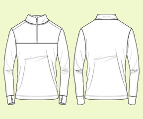 Funnel neck sports activewear sweatshirt flat sketch, Zipper Sweatshirt Design Template Vector. Sweatshirt fashion illustration.