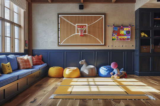 A playroom with a mini basketball court, complete with a hoop and scoreboard