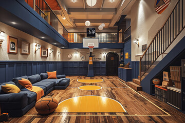 A playroom with a mini basketball court, complete with a hoop and scoreboard