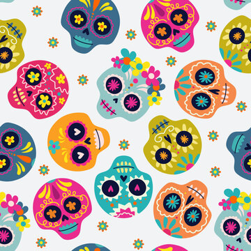 Сolorful skull cute pattern, mexican day of the dead. Seamless pattern of Halloween Day of the Dead. Vector Design.