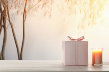 Gift box with burning candle on white wooden table in front of blurred background.