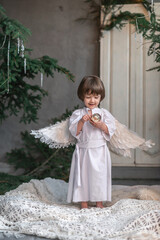 boy in white with wings in Christmas studio
