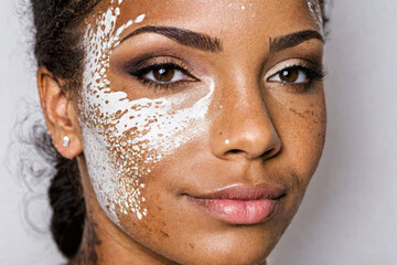 Beautiful african woman with vitiligo skin, female face with conceptual skin care makeup on gray background