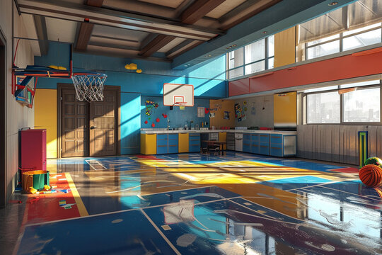 A playroom with a mini indoor basketball hoop and a foam-padded flooring for safety