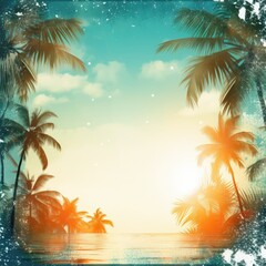 Fototapeta na wymiar Serene Beach Scene With Palm Trees and Sun