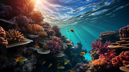 Underwater view of coral reef and tropical fish.
