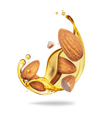 Almonds in thick splashes of oil close up isolated on a white background. Dried almonds covered in...