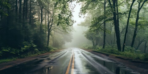 Road in beautiful forest. - obrazy, fototapety, plakaty