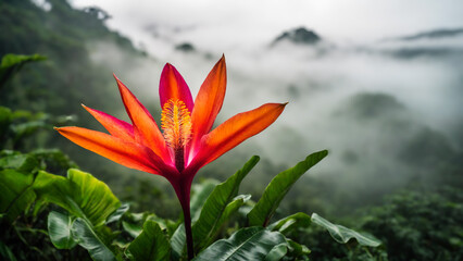 Flower in spring tropical rainforest, clouds over a wet forest, plant growth and environmental protection concept, wild jungle, springtime