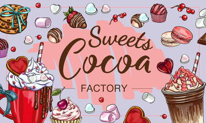 Sweets cocoa station, banner for design with drinks and sweets. digital printing, t-shirt designs, stickers, bag patterns and more.