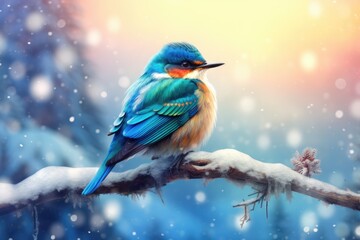 Colorful Bird Perched on Snow-Covered Branch