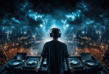 Man in Headphones Standing in Front of DJ Set - obrazy, fototapety, plakaty