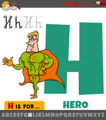 letter H from alphabet with cartoon hero character