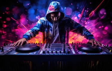Man in Hoodie Mixing Music on Turntable, DJ Creating Beats at Home Studio