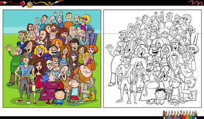 crowd of funny comic people characters group coloring page