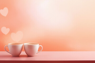 Two cups of coffee on a pink table with heart bokeh background.