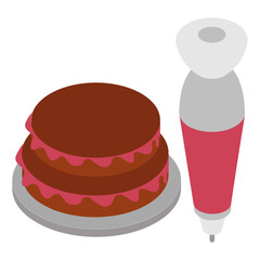 Birthday cake is being Prepared isometric concept, Half Done Pastry with Icing gun vector icon design, Bakery and Baker symbol food preparation and Kitchen Utensil sign Recipe development illustration