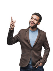 Portrait of handsome smiling young man pointing up isolated transparent PNG. Laughing joyful cheerful men isolated studio shot