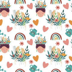 Seamless mental health pattern. Flowers, character, watering can, water and hearts. Beautiful spring composition about self-care © GORBUSHA