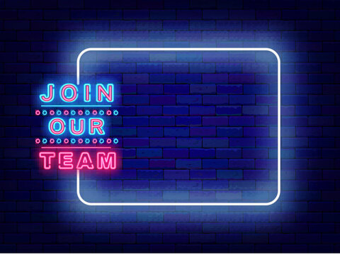 Recruitment agency neon flyer. Empty white frame and join our team. Write you cv banner. Vector stock illustration