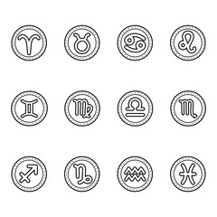 Zodiac signs, icons, badges. Vector black and white illustration, coloring book.