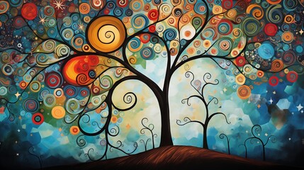 Cartoon tree of life. Abstract colorful tree, ornament decor background