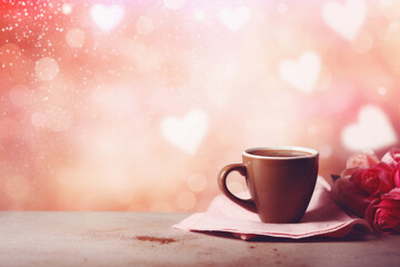 Cup of coffee with heart bokeh background. Valentines day concept.