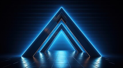 3d render, abstract minimalist blue geometric background. Triangular doorway portal glowing in the dark with bright neon light. Modern wallpaper. Generative Ai