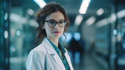 Obraz premium A Young and Beautiful Female Scientist, Clad in a Crisp White Coat, Embodies Scientific Grace, Intelligence, and Dedication, Illuminating the Path of Innovation, Breakthroughs, and Empowering 