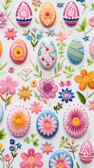 Vibrant vertical embroidery of Easter decoration showcasing detailed stitch work
