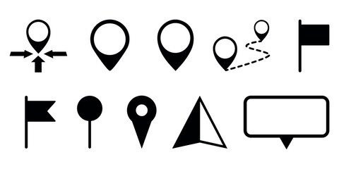 GPS Map Pointer, Flags And North Direction Icons Set - Different Vector Illustrations Isolated On White Background