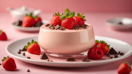 Panna cotta with strawberries and chocolate on a pastel pink background