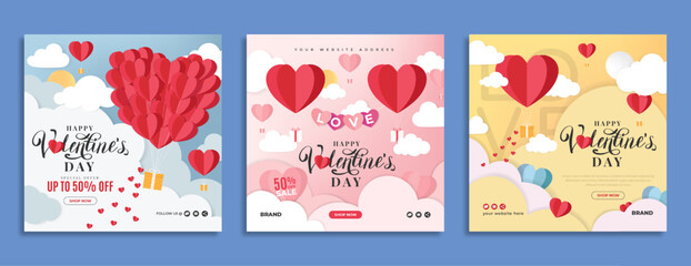 Fototapeta na wymiar Valentine's day business marketing social media post template with heart balloon and gift box. Valentine day love celebration web poster with decoration paper ornament. Sale promotion banner or flyer.