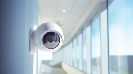 High tech CCTV security camera on wall for indoor security and crime prevention - obrazy, fototapety, plakaty
