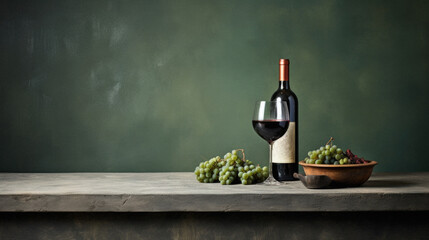 Bottle of red wine and grapes on old wooden table over chalkboard background.